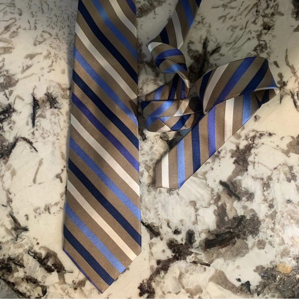 Repp Tie Chaps 100% Silk Stripe Tie - Blues Cream Khaki - Picture 4 of 6